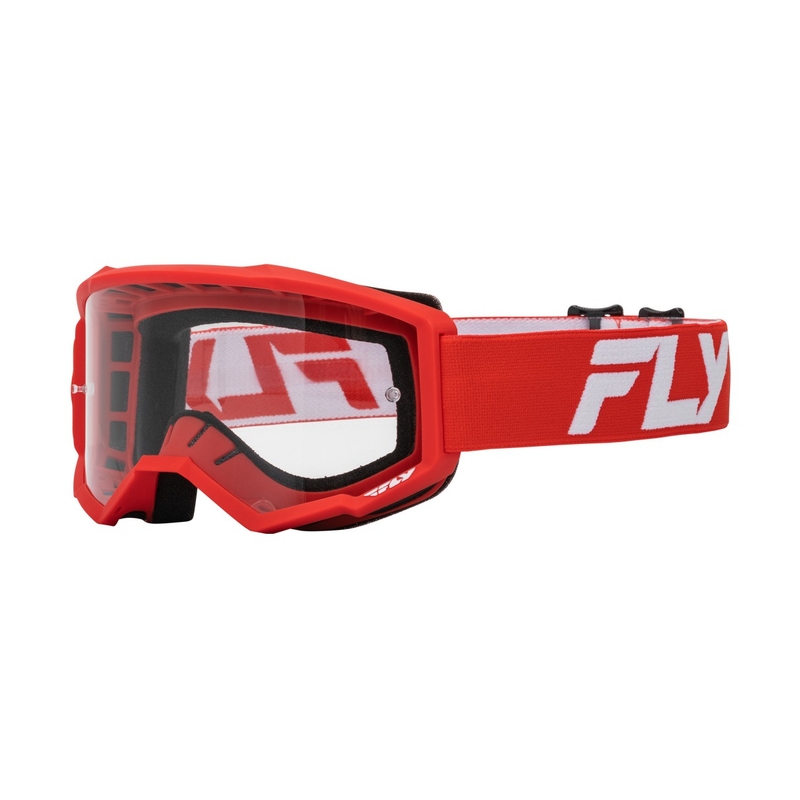 Occhiali da motocross FLY Racing Focus rossi e bianchi con plexi trasparente