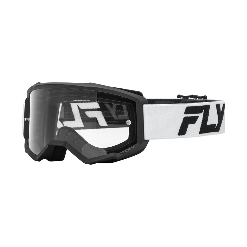 Occhiali da motocross per bambini FLY Racing Focus bianchi e neri con plexi trasparente