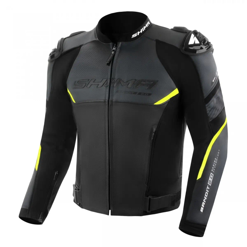 Giacca da moto in pelle Shima Bandit 2.0 nero-bianco-giallo fluo