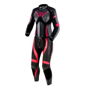 Tuta da moto in pelle Rebelhorn Rebel da donna, nera e rosa lucida