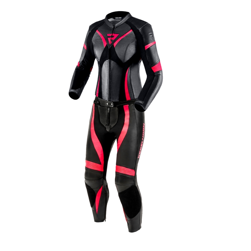 Tuta da moto in pelle Rebelhorn Rebel da donna, nera e rosa lucida