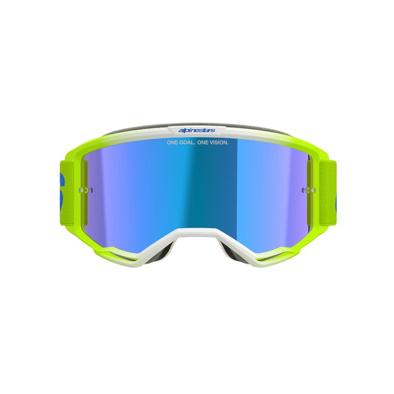 Occhiali da motocross Alpinestars Vision 5 Blaze giallo fluo e blu con plexi blu specchiato