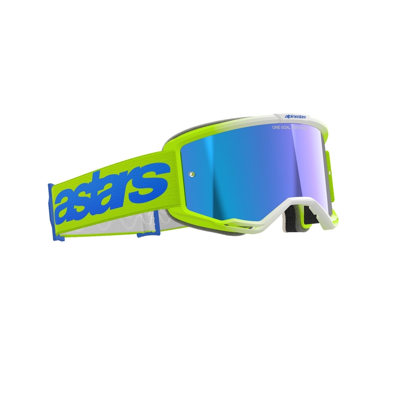 Occhiali da motocross Alpinestars Vision 5 Blaze giallo fluo e blu con plexi blu specchiato