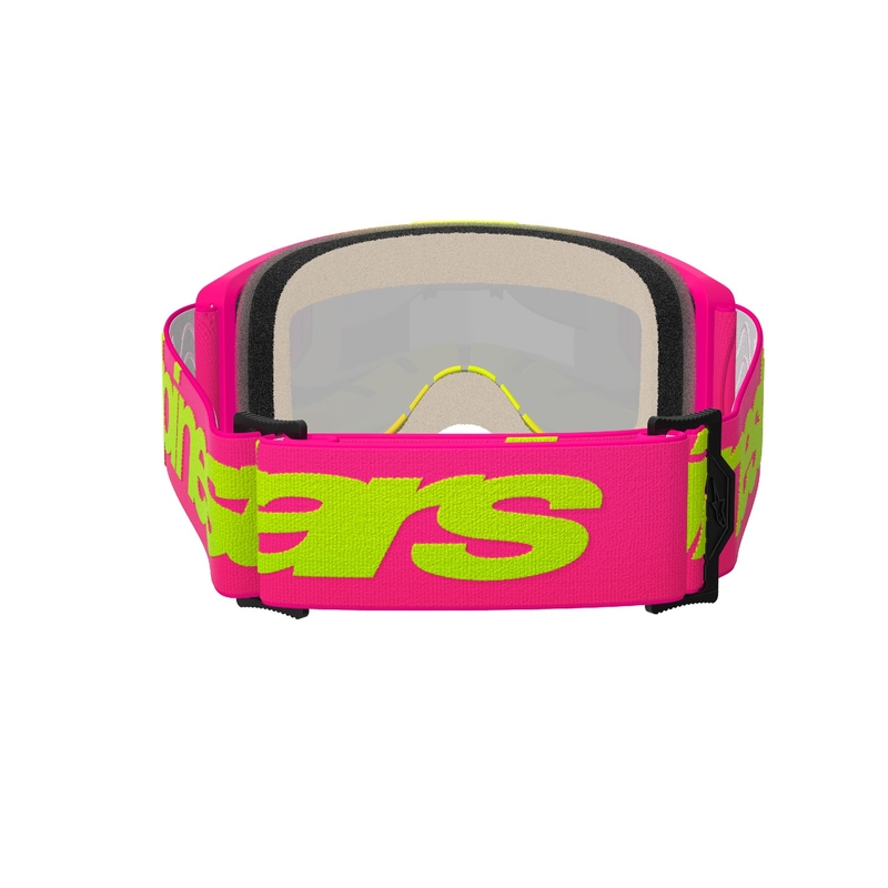 Occhiali da motocross Alpinestars Vision 5 Wordmark rosa-giallo fluo con plexi rosso specchiato