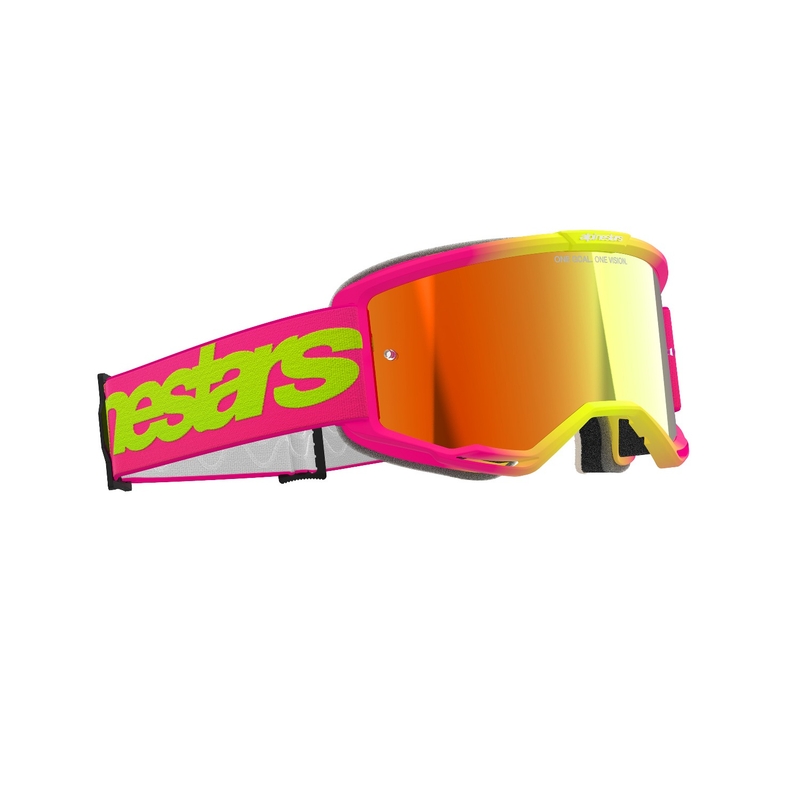 Occhiali da motocross Alpinestars Vision 5 Wordmark rosa-giallo fluo con plexi rosso specchiato