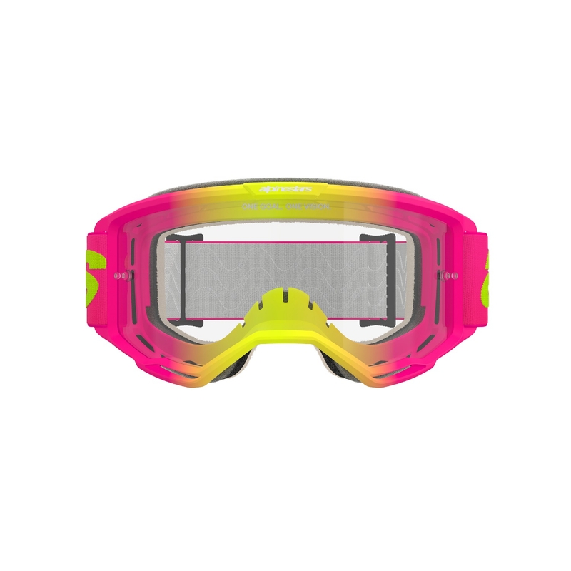 Occhiali da motocross Alpinestars Vision 5 Wordmark rosa-giallo fluo con plexi trasparente