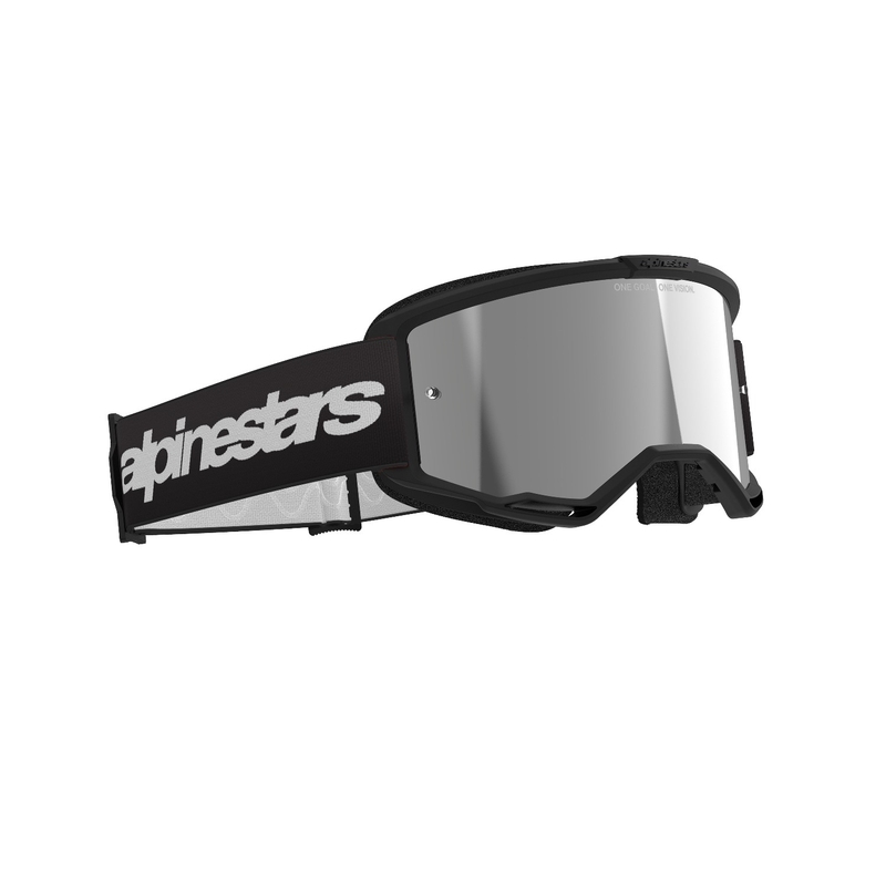 Occhiali da motocross Alpinestars Vision 3 Wordmark neri con plexi argento specchiato
