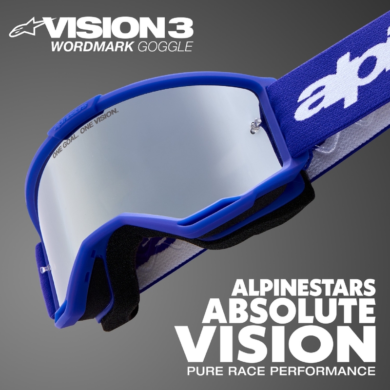Occhiali da motocross Alpinestars Vision 3 Wordmark blu con lenti argento specchiate