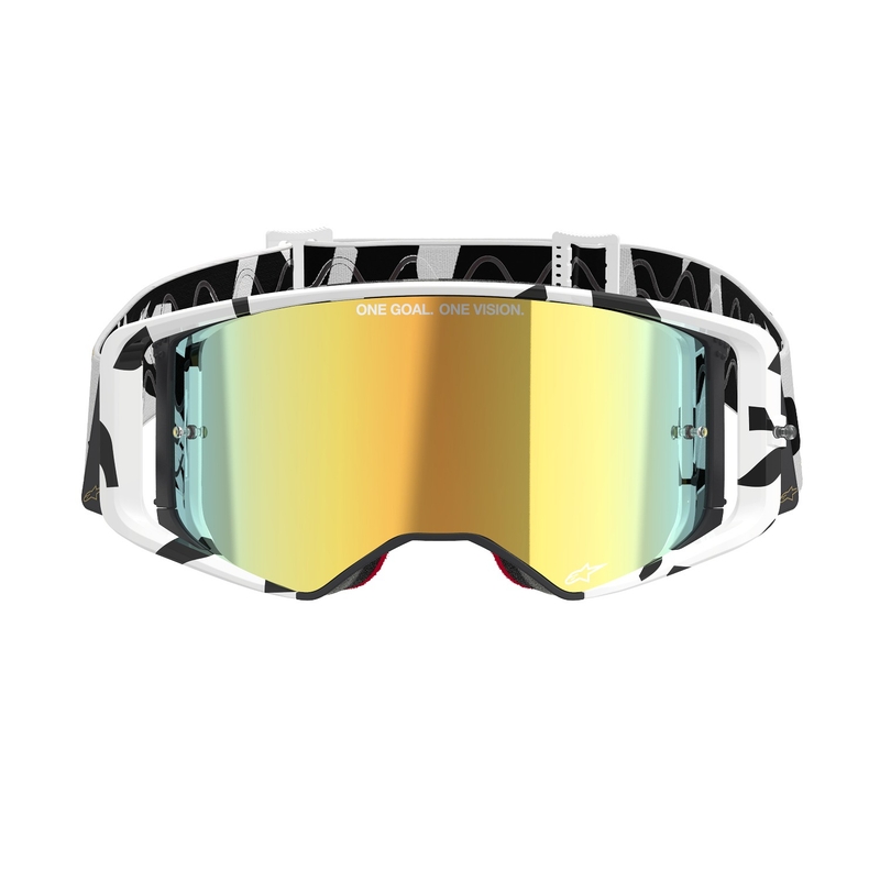 Occhiali da motocross Alpinestars Supertech Corp bianchi e oro con lenti dorate a specchio
