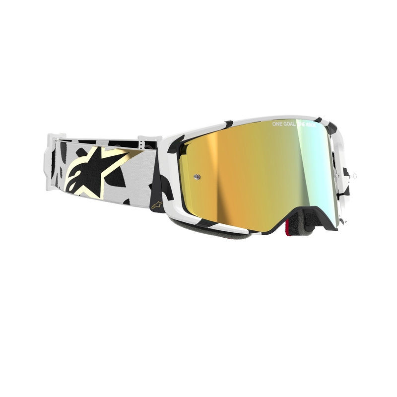 Occhiali da motocross Alpinestars Supertech Corp bianchi e oro con lenti dorate a specchio