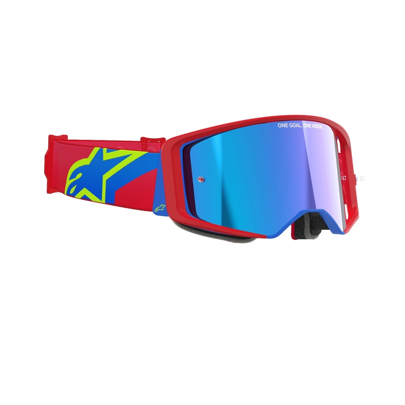 Occhiali da motocross Alpinestars Supertech Corp rossi e blu con lenti argentate a specchio