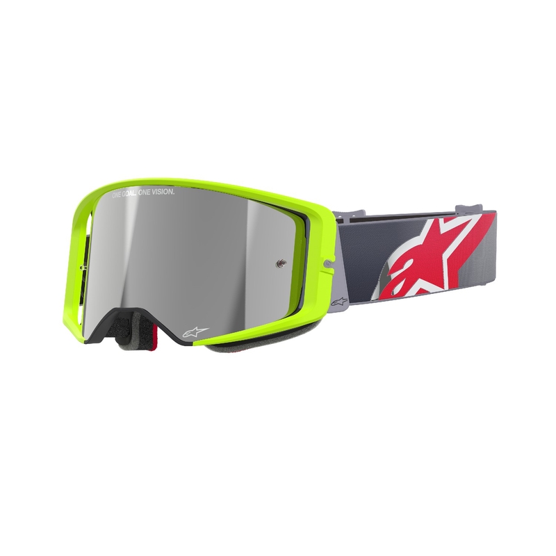 Occhiali da motocross Alpinestars Supertech Corp giallo fluo e rosso con lenti argentate a specchio