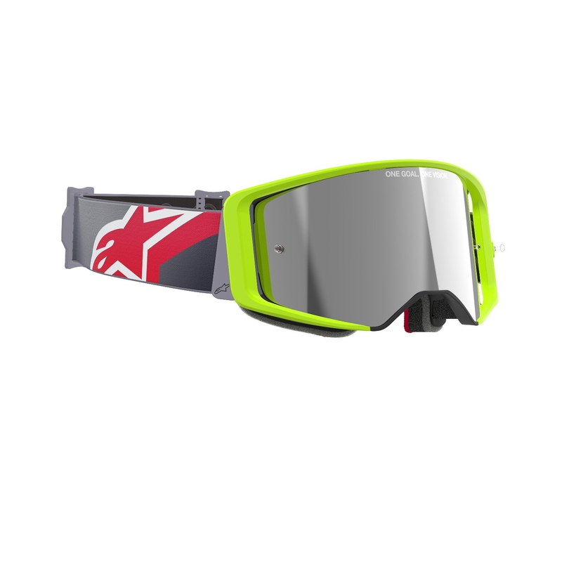 Occhiali da motocross Alpinestars Supertech Corp giallo fluo e rosso con lenti argentate a specchio