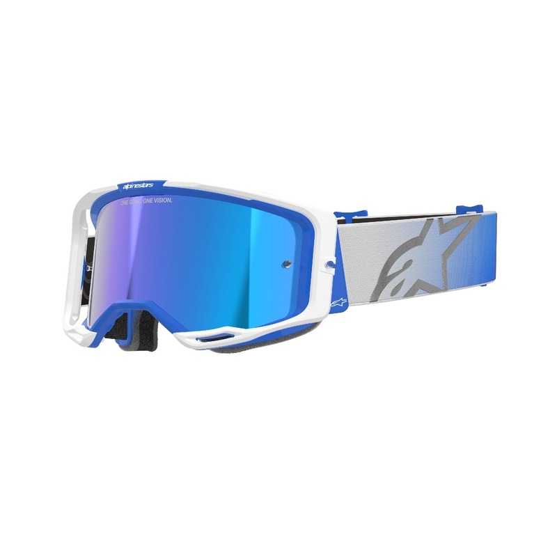 Occhiali da motocross Alpinestars Vision 8 Corp blu e bianchi con lenti blu specchiate