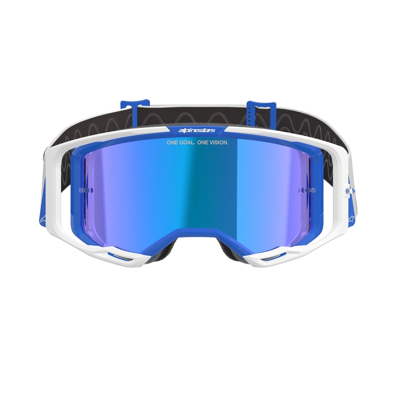 Occhiali da motocross Alpinestars Vision 8 Corp blu e bianchi con lenti blu specchiate