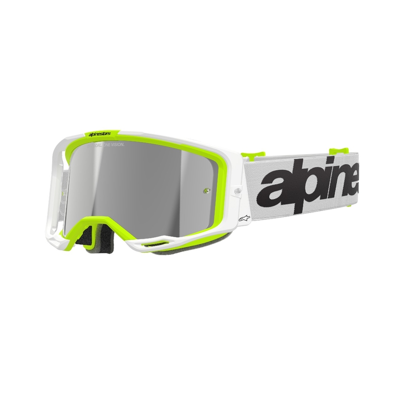 Occhiali da motocross Alpinestars Vision 8 Wordmark bianco-giallo fluo con lenti argento specchiate
