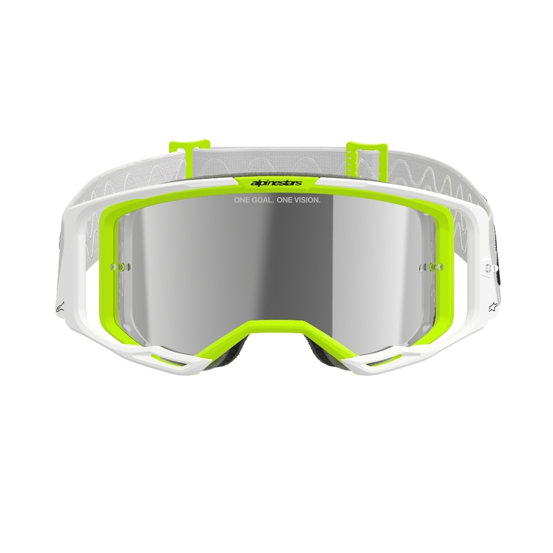 Occhiali da motocross Alpinestars Vision 8 Wordmark bianco-giallo fluo con lenti argento specchiate