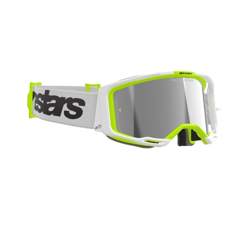 Occhiali da motocross Alpinestars Vision 8 Wordmark bianco-giallo fluo con lenti argento specchiate