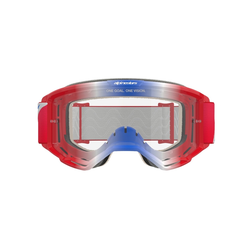 Occhiali da motocross Alpinestars Vision 5 Corp rossi, bianchi e blu con lenti trasparenti