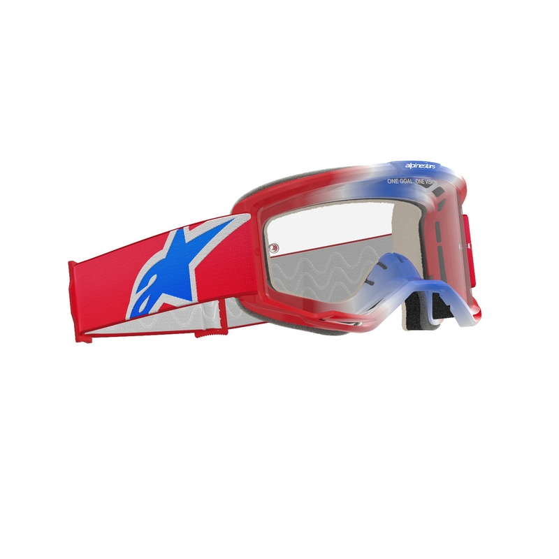 Occhiali da motocross Alpinestars Vision 5 Corp rossi, bianchi e blu con lenti trasparenti