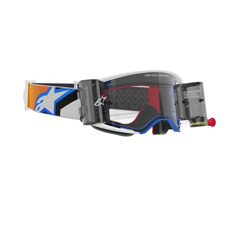 Alpinestars Supertech Corp ROLL-OFF Occhiali da motocross Wide Vision blu-arancio con lenti trasparenti
