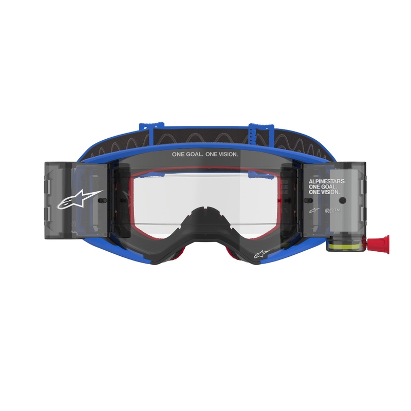 Occhiali da motocross Alpinestars Supertech Stream ROLL-OFF Wide Vision blu con lenti trasparenti