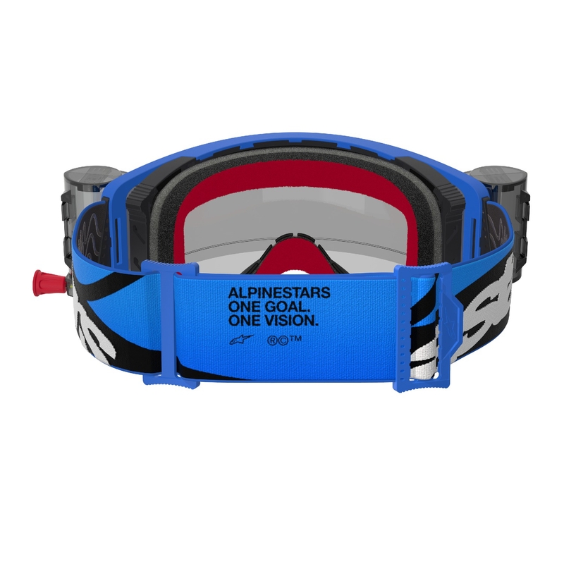 Occhiali da motocross Alpinestars Supertech Stream ROLL-OFF Wide Vision blu con lenti trasparenti