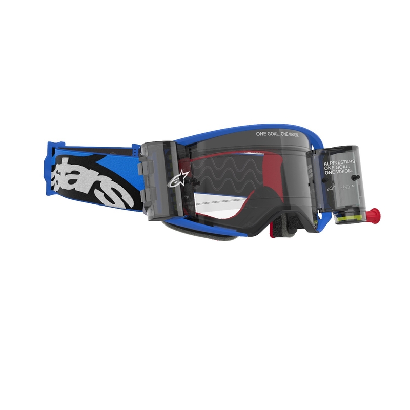 Occhiali da motocross Alpinestars Supertech Stream ROLL-OFF Wide Vision blu con lenti trasparenti