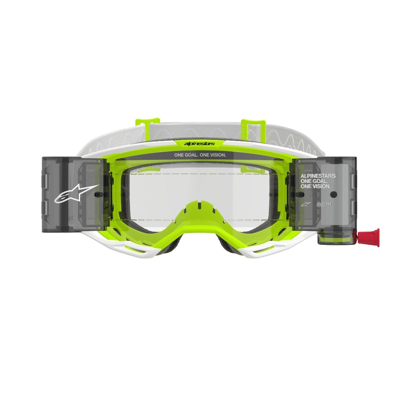 Alpinestars Vision 8 Wordmark ROLL-OFF Occhiali da motocross Wide Vision bianco-giallo fluo con lenti trasparenti