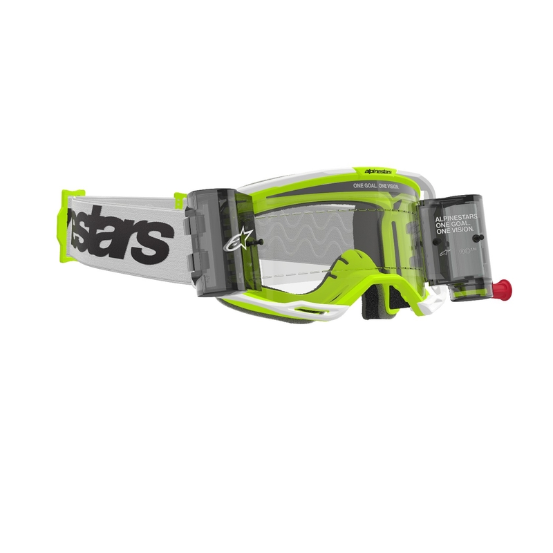 Alpinestars Vision 8 Wordmark ROLL-OFF Occhiali da motocross Wide Vision bianco-giallo fluo con lenti trasparenti