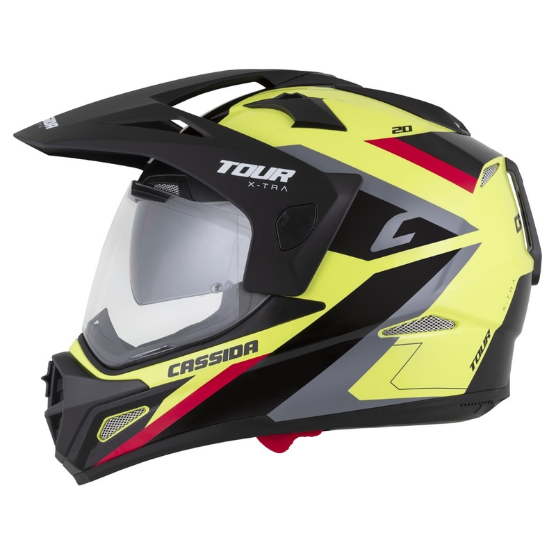 Casco enduro Cassida Tour 2.0 X-tra giallo fluo-nero-rosso-grigio con visiera nera opaca