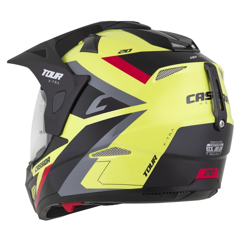 Casco enduro Cassida Tour 2.0 X-tra giallo fluo-nero-rosso-grigio con visiera nera opaca