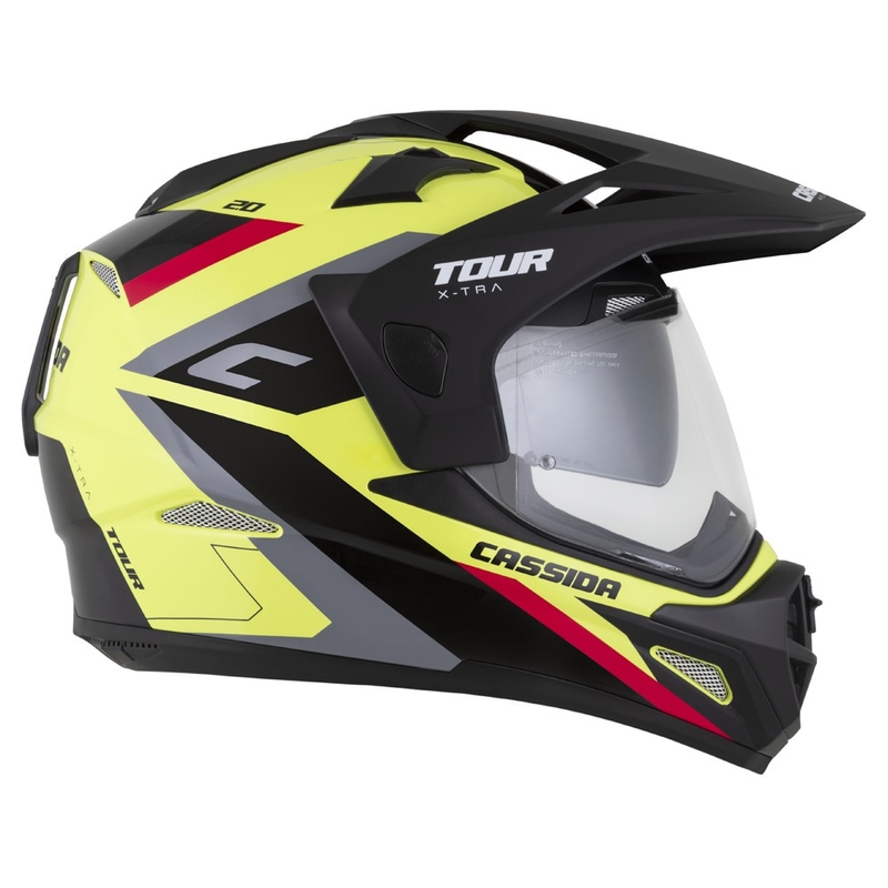 Casco enduro Cassida Tour 2.0 X-tra giallo fluo-nero-rosso-grigio con visiera nera opaca