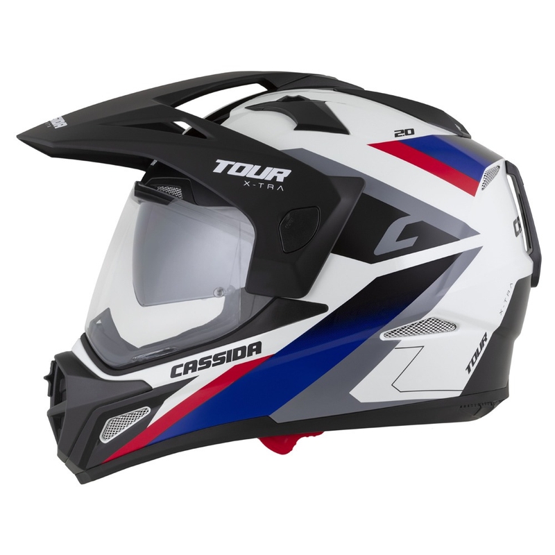 Casco enduro Cassida Tour 2.0 X-tra bianco-blu-rosso-nero con visiera nera opaca
