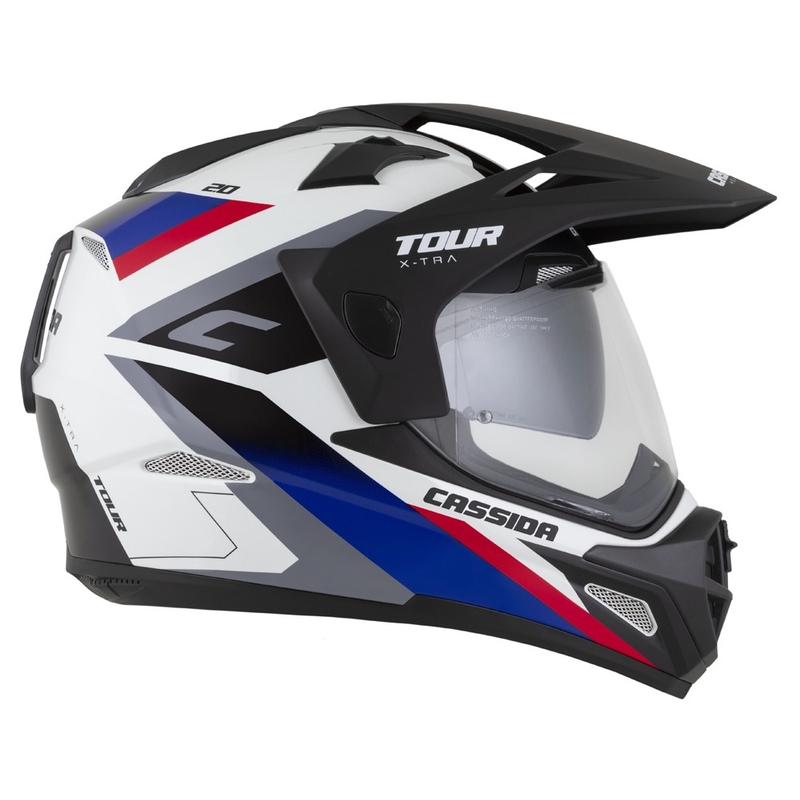 Casco enduro Cassida Tour 2.0 X-tra bianco-blu-rosso-nero con visiera nera opaca