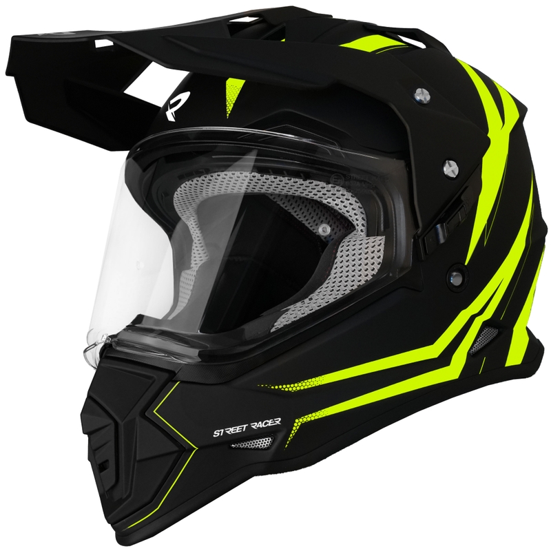 Casco da moto Enduro Street Racer Ignite nero opaco-giallo fluo