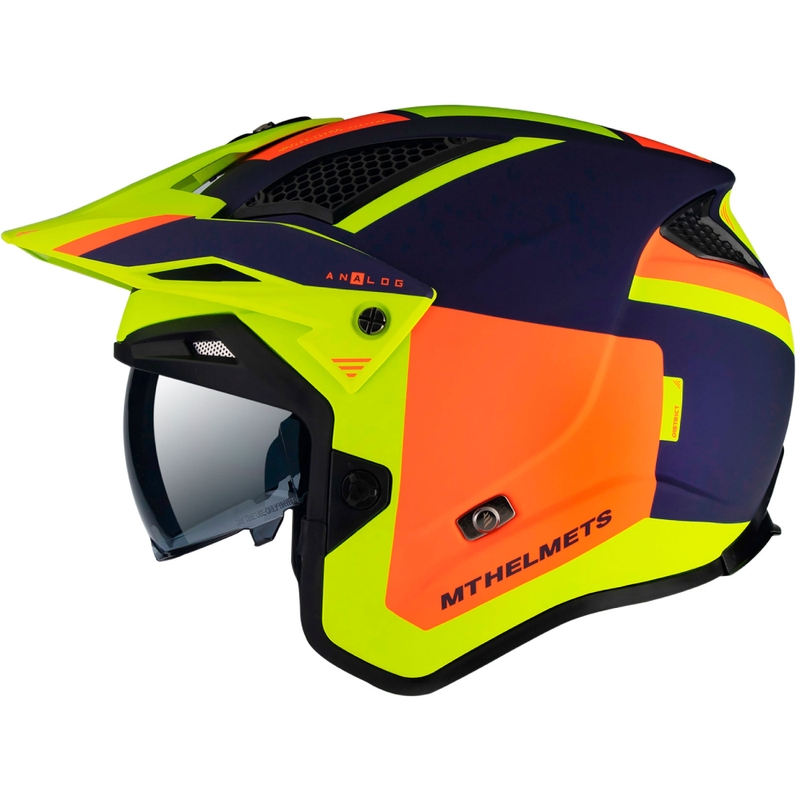 MT District SV Analog D27 casco moto trial aperto blu-arancio-giallo fluo