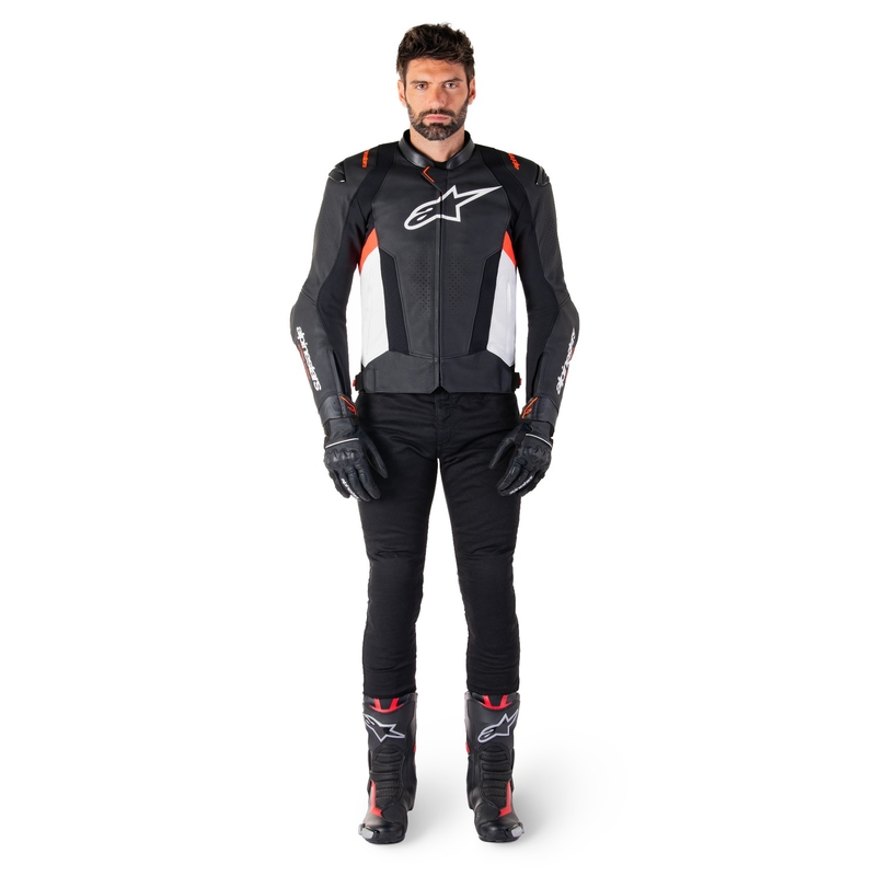 Giacca moto in pelle Alpinestars Missile 3 nero-bianco-rosso fluo