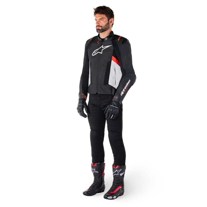 Giacca moto in pelle Alpinestars Missile 3 nero-bianco-rosso fluo