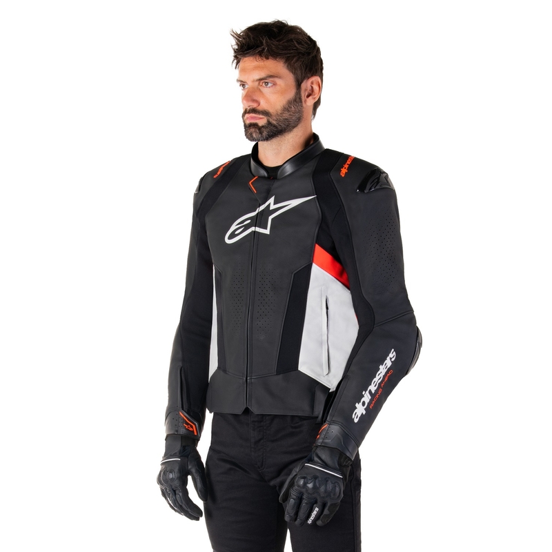 Giacca moto in pelle Alpinestars Missile 3 nero-bianco-rosso fluo