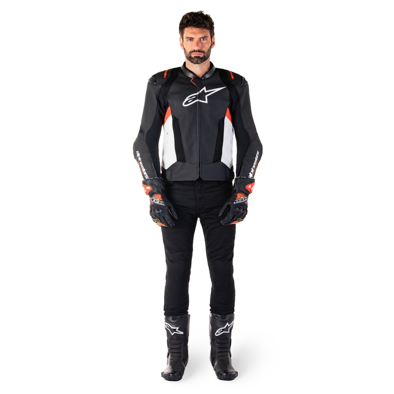 Giacca moto in pelle Alpinestars Missile 3 Airflow nero-bianco-rosso fluo