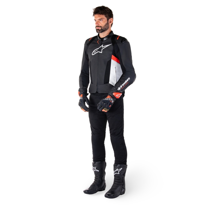 Giacca moto in pelle Alpinestars Missile 3 Airflow nero-bianco-rosso fluo