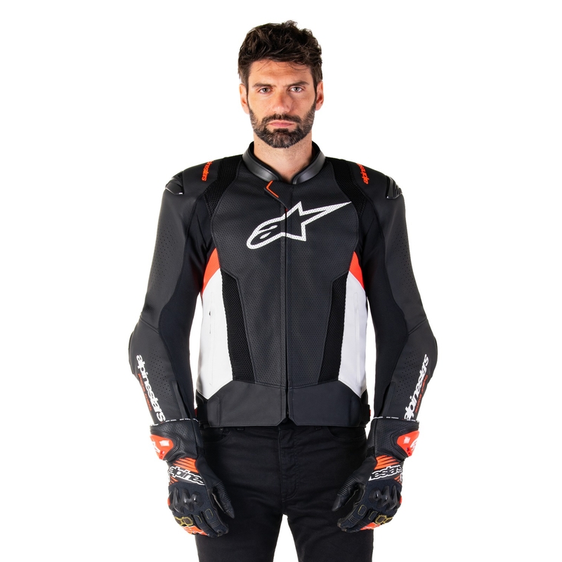 Giacca moto in pelle Alpinestars Missile 3 Airflow nero-bianco-rosso fluo