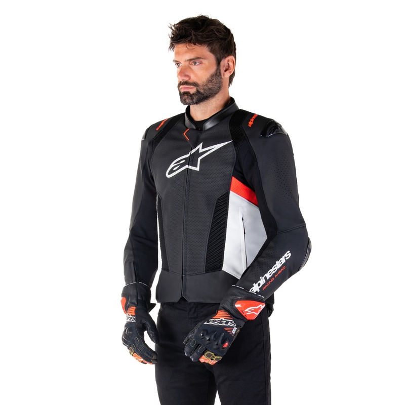 Giacca moto in pelle Alpinestars Missile 3 Airflow nero-bianco-rosso fluo
