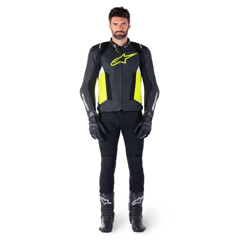 Giacca moto in pelle Alpinestars Missile 3 Airflow nero-giallo fluo-bianco