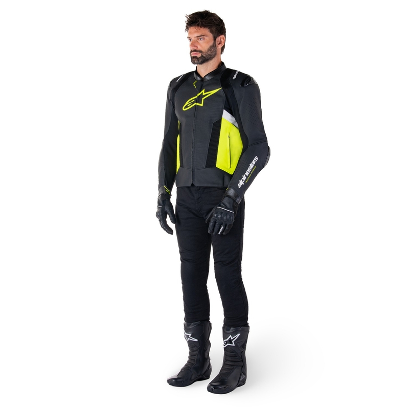 Giacca moto in pelle Alpinestars Missile 3 Airflow nero-giallo fluo-bianco