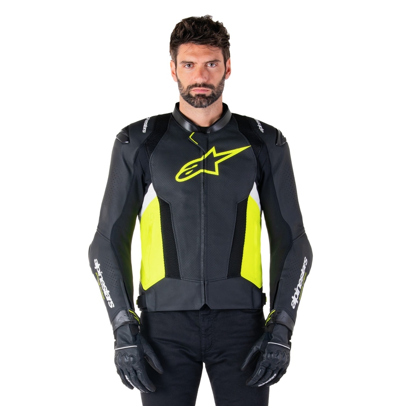 Giacca moto in pelle Alpinestars Missile 3 Airflow nero-giallo fluo-bianco