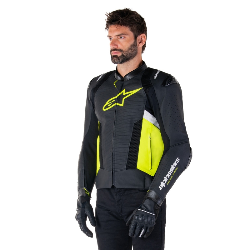 Giacca moto in pelle Alpinestars Missile 3 Airflow nero-giallo fluo-bianco
