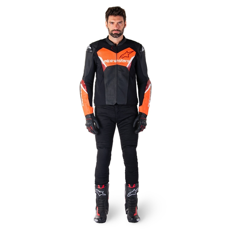 Giacca moto in pelle Alpinestars Faster 3 Airflow nero-rosso fluo