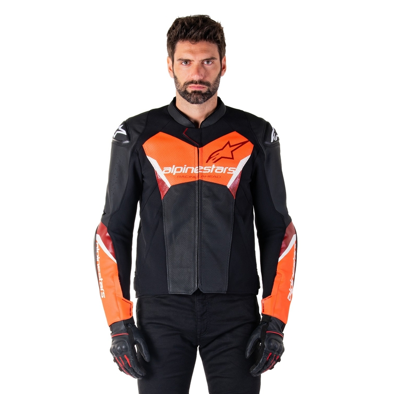 Giacca moto in pelle Alpinestars Faster 3 Airflow nero-rosso fluo